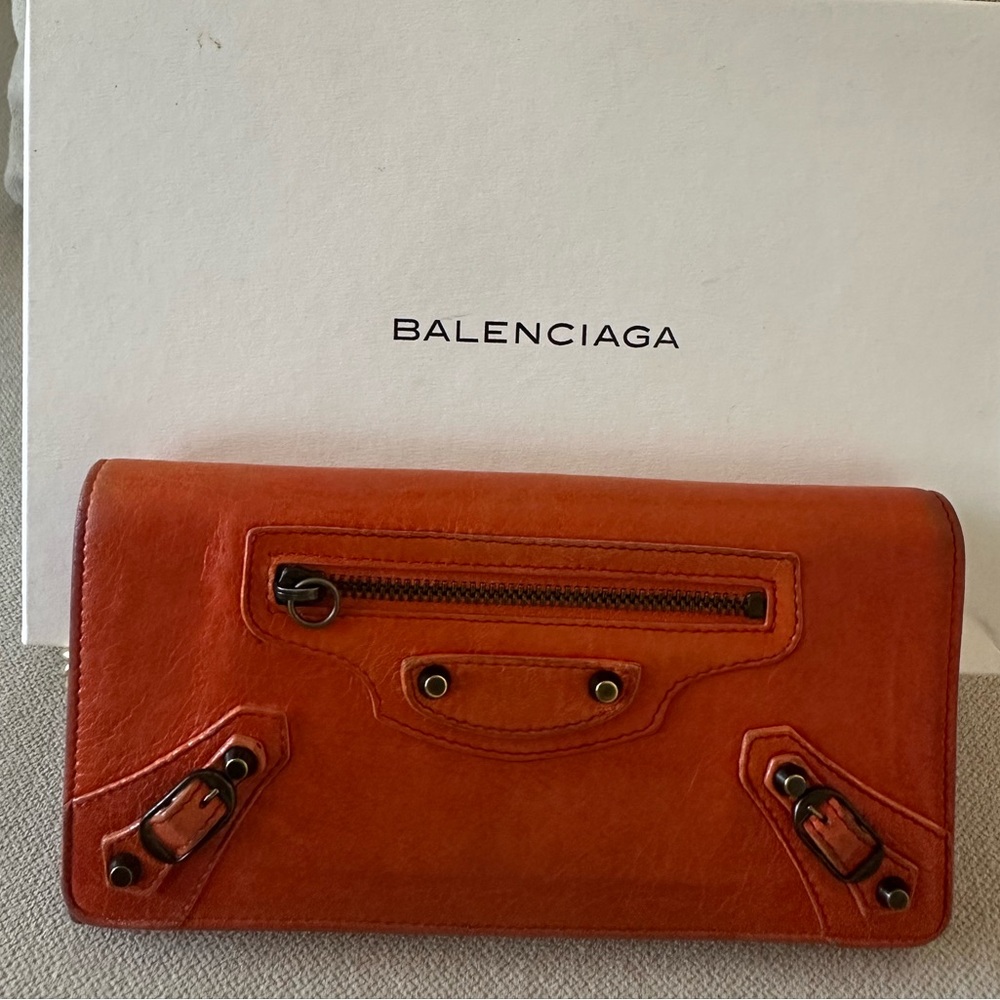New Price! Orange Balenciaga Classic Long Zippie Leather Wallet Clutch